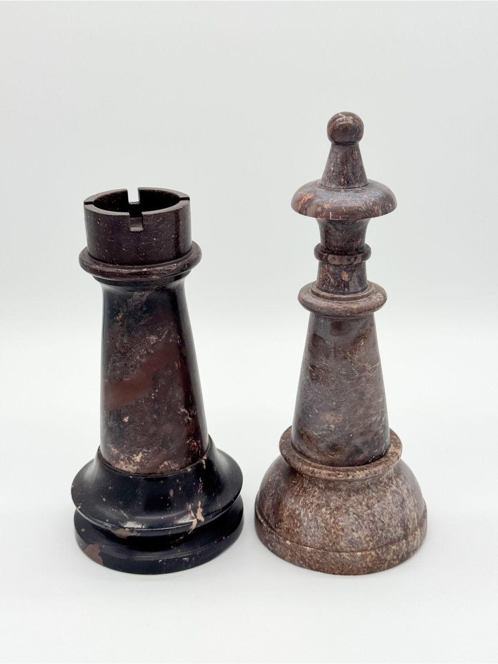 Vintage Pair Large Marble Alabaster Chess Pawn Statue Stone Bookends Decor Brown